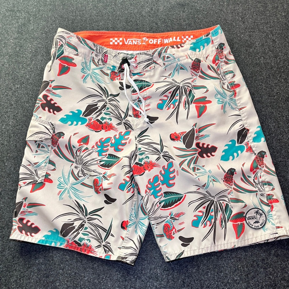 Vans Board Shorts Mens 36 Cream Tropical Parrot‎ Floral Print Excellent Swimwear